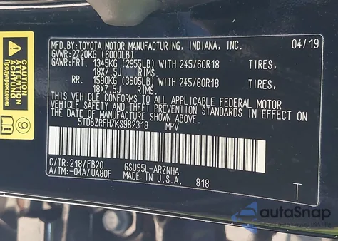 2019 Toyota Highlander Le from USA, damaged, VIN 5TDBZRFH7KS982318